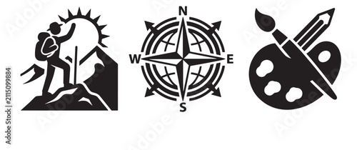 Three black depicting a hiker on a mountain, a compass rose, and an artist palette with a brush and pencil, isolated on a white background