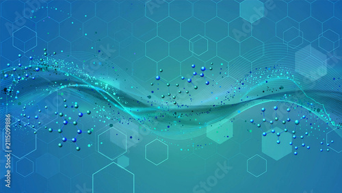 modern scientific vector background  flowing wave lines with particles, hexagonal tech grid, and molecular structures in blues and teals, perfect for medical, chemistry, and technology.