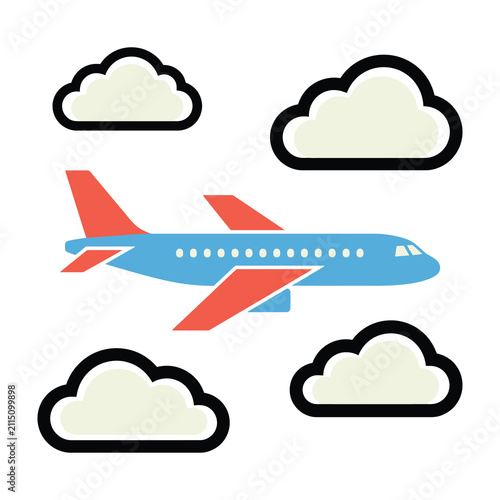 Fotografía Airplane flying through clouds, blue plane with red wings soaring high in sky