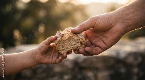 A close-up shot of an adult hand passing a piece of rustic bread to a child, symbolizing charity, kindness, and nourishment.