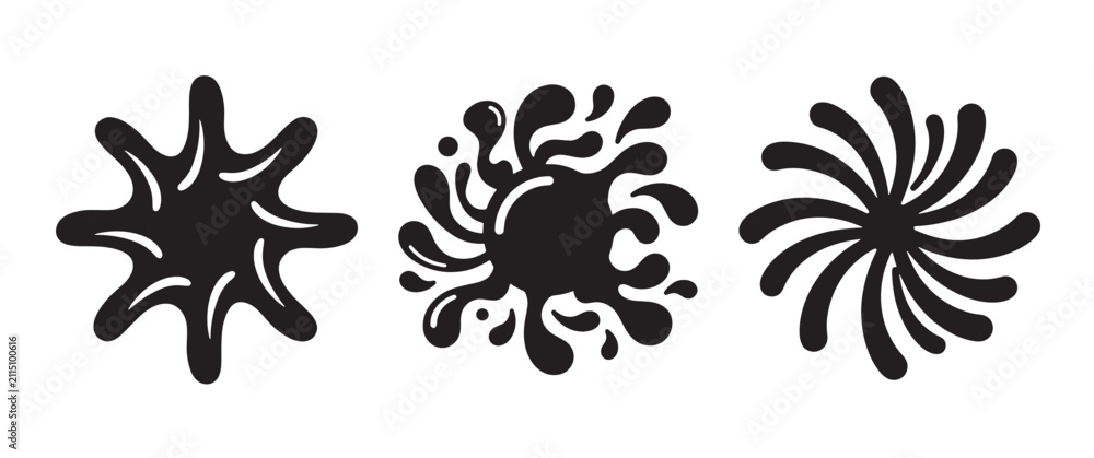 Fototapeta premium Three black liquid splash and swirl featuring a blob shape, a circular paint splatter with droplets, and a radial spiral vortex on a white background