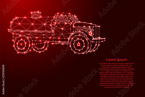 tanker truck for transportation of fuel from futuristic polygonal red lines and glowing stars for banner, poster, greeting card