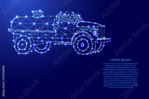 tanker truck for transportation of fuel from futuristic polygonal blue lines and glowing stars for banner, poster, greeting card