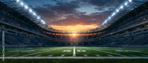 American football stadium with a sunset view and illuminated lights field sports arena athletic facility gridiron end zone yard lines grandstand bleachers seating