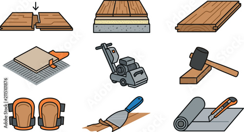 Flooring installation and renovation icons set featuring parquet wooden planks laminate layers ceramic tile leveling system sander machine mallet knee pads and cutting tools vector