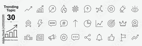 trending and hot topic icon line style viral social media editable stroke, Collection Of Line Icons Representing Various Concepts And Trends Featuring Minimalist Design