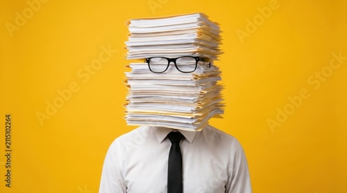 A businessman with his head hidden behind a tall stack of files and documents, wearing glasses, representing office stress, overwork, and busy corporate life.