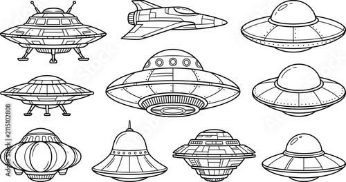 Foto Ufo alien spaceship futuristic aircraft flying saucer icon set vector illustrati