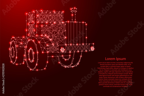 wheeled tractor from futuristic polygonal red lines and glowing stars for banner, poster, greeting card