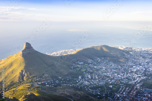Cape Town city bowl with Lion's Head and Signal Hill at golden hour