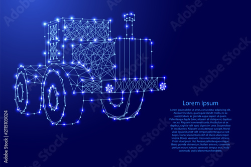 wheeled tractor from futuristic polygonal blue lines and glowing stars for banner, poster, greeting card