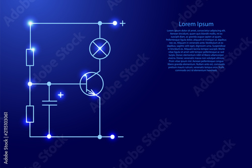 electrical circuit of radio components from blue lines and glowing stars