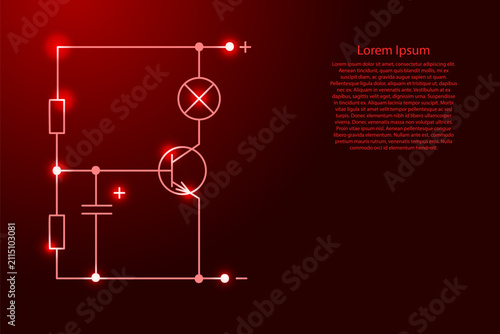 electrical circuit of radio components from red lines and glowing stars
