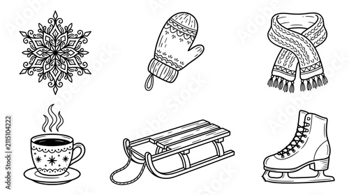 Mono line art doodle grid of six winter items with a snowflake, a knitted mitten, a fringed scarf, a cup of hot cocoa, a wooden sled and an ice skate in black outline