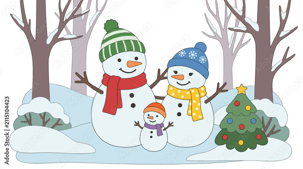 Fototapeta premium Children's storybook illustration of a snowman family standing together in a snowy wood beside a small decorated christmas tree