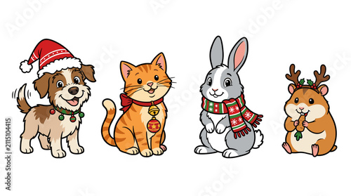 Set of four isolated cartoon illustrations of pets in christmas costumes with a dog in a santa hat, a cat with a bell collar, a rabbit in a scarf and a hamster with antlers