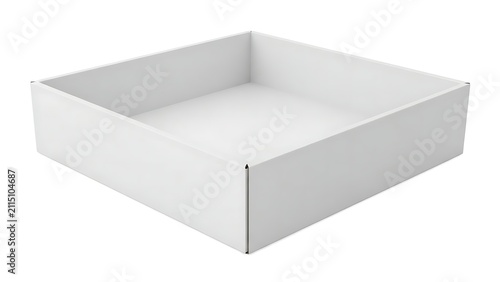 Empty square white cardboard box tray for shipping and storage of products on a flat surface