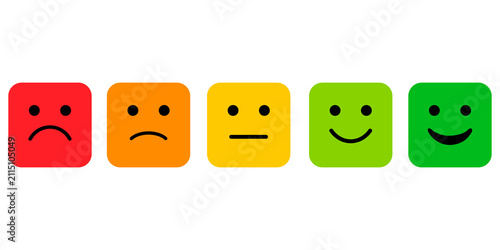 Customer satisfaction faces, colorful feedback emojis, review scale, experience rating, opinion evaluation symbols