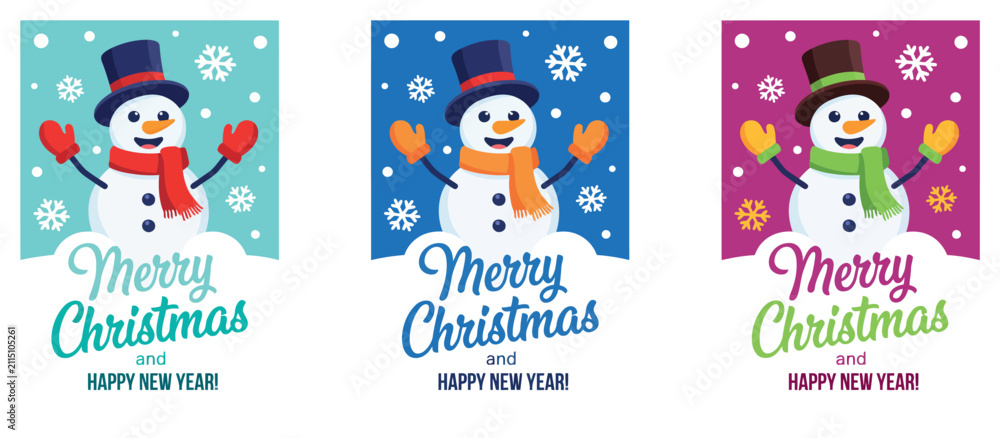 Fototapeta premium Cute Snowman Merry Christmas and Happy New Year Vertical Greeting Card Template Set with Festive Winter Holiday Snowfall Background Elements.