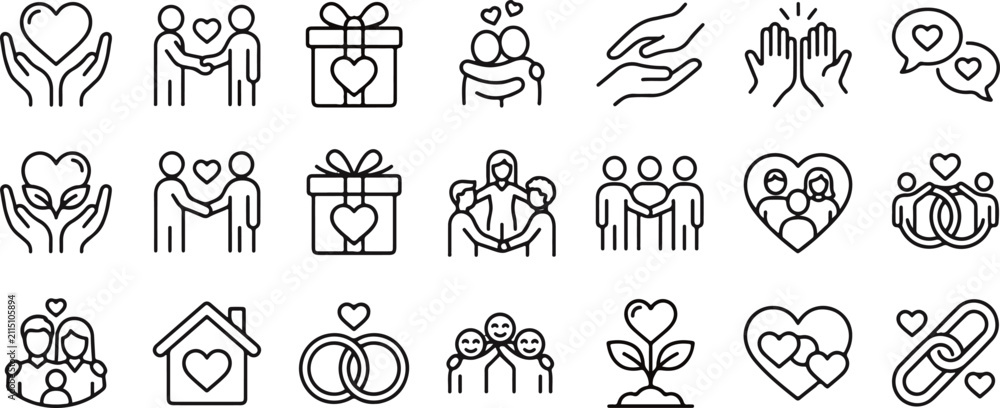 Fototapeta premium Collection of love and relationship line icons representing romance marriage family connections with relationship