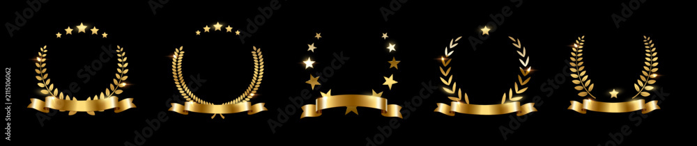 Obraz premium Gold award laurel wreaths with stars, ribbon and empty place for name of winner. Golden prize for awarding ceremony, championship, best player, diploma. Quality certified icon. Vector illustration.