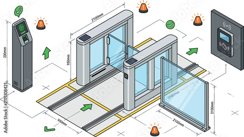 Foto Isometric Security Turnstile Gate Blueprint with Dimensions and Access Control T