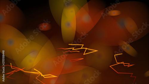 Abstract orange background with glowing light streaks and dark bokeh circles