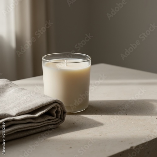 White candle and folded towel on a sunlit table