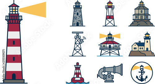 Bild auf Leinwand Vector illustration set of maritime lighthouse architectures including red striped beacon tower, nautical searchlight beam, signal radar, floating buoy, foghorn, and anchor emblem
