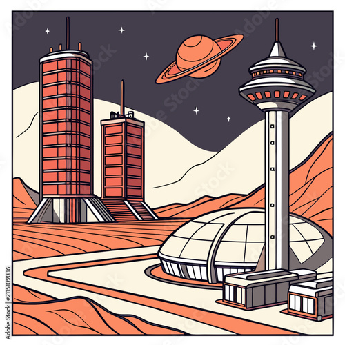 Принти на полотні Futuristic space colony with tall buildings and a planet in the sky on a red ali
