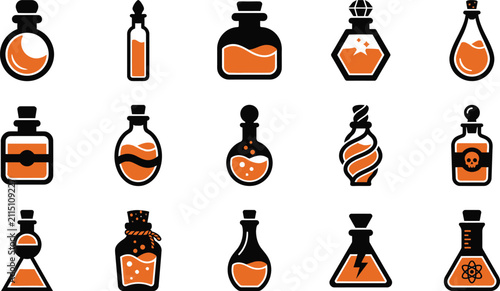 Canvastavla Halloween potion flasks and magic elixirs icon collection with halloween illustr