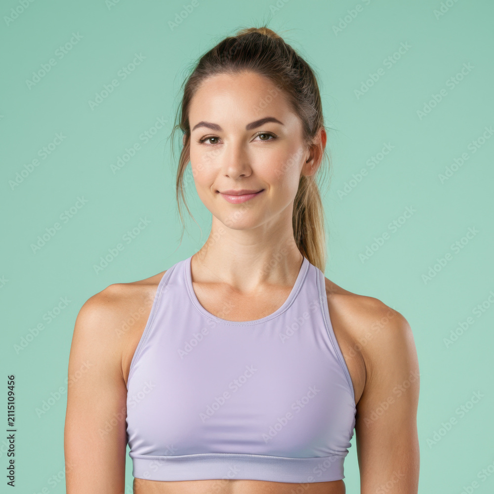Obraz premium Portrait of a attractive young fit woman in a light purple sports top looking at the camera against a mint green background.