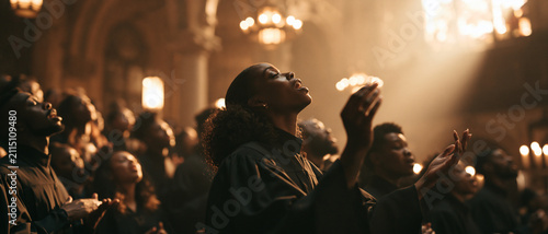 Diverse church congregation during worship with candles, choir music, prayer and joyful unity inside a lit sanctuary