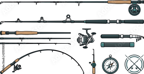 Cuadro en lienzo Vector illustration set of professional fishing rods and tackle gear including spinning reels, fly fishing poles, telescopic rods, navigation compass, and crossed rod emblems