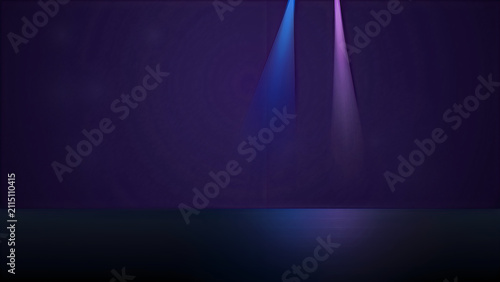 Empty stage with blue and purple spotlights on a dark purple wall background