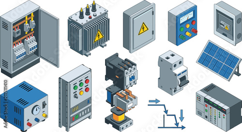 Foto Isometric Industrial Electrical Control Panel and Power Supply Icon Set with Tra