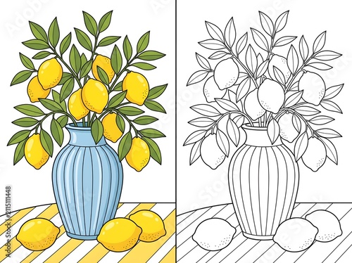 Lemon Branch Vase Coloring Illustration