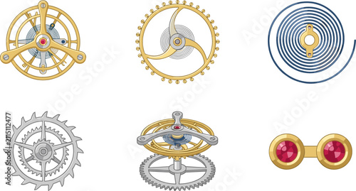 Luxury Watch Tourbillon Mechanism and Horology Component Icon Set with Balance Wheel Hairspring Escapement Gear and Ruby Jewel Bearings for Timekeeping Workshop Designs