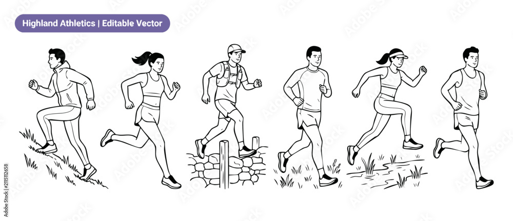 Fototapeta premium Trail Runner Vector Illustration Set of Male and Female Outdoor Athletes Jogging, Sprinting, and Cross Country Running in Line Art Outline Style for Sports, Fitness, Healthy Active Lifestyle
