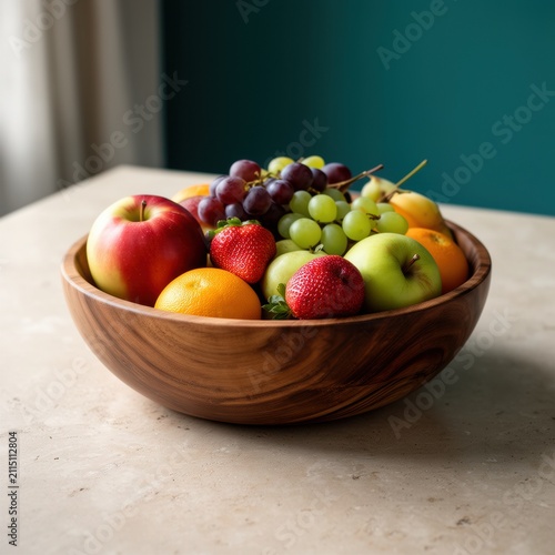 Fresh fruit bowl in wooden dish on table