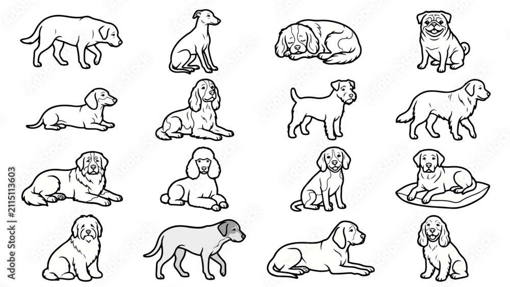 Obraz premium Senior Dog Icons: Gentle Walking Resting Sitting Lying Smiling Relaxed, Vector Outline Sheet Black & White