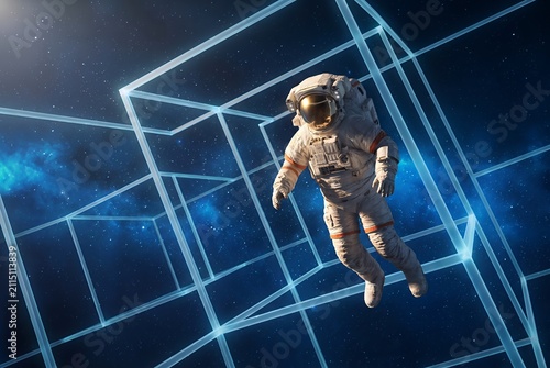 Cosmic Grid: Astronaut Navigating Neon-Lit Space Architecture