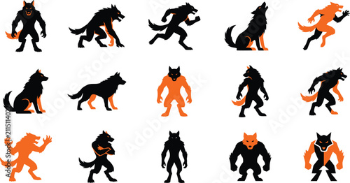 Quadro su tela Halloween werewolf action poses and silhouette character collection with werewol