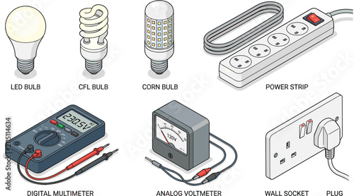 Isometric Electrical Testing Tools Measuring Equipment and Household Power Supply Icon Set with Multimeter Voltmeter Power Strip Wall Socket and Energy Saving Light Bulbs