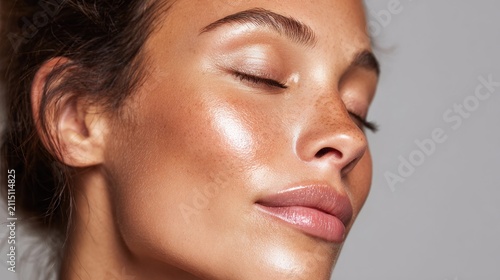 Close-up of a woman's face with dewy, glowing skin and freckles