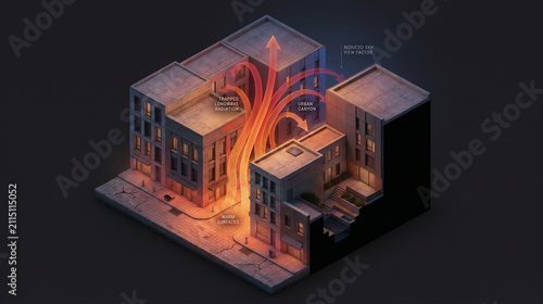 Isometric City Block Cutaway Showing Night Heat Canyon Effect