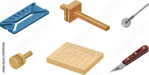 Fotografie Precision Marking and Measuring Tools Set with Wood Marking Gauge, Blue Dovetail