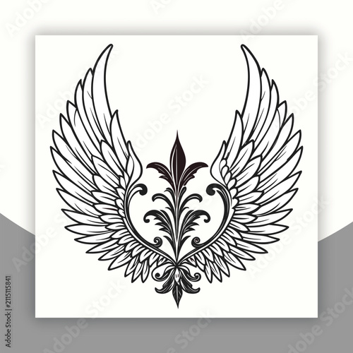 Black and white heraldic wings with ornate floral flourishes emblem design