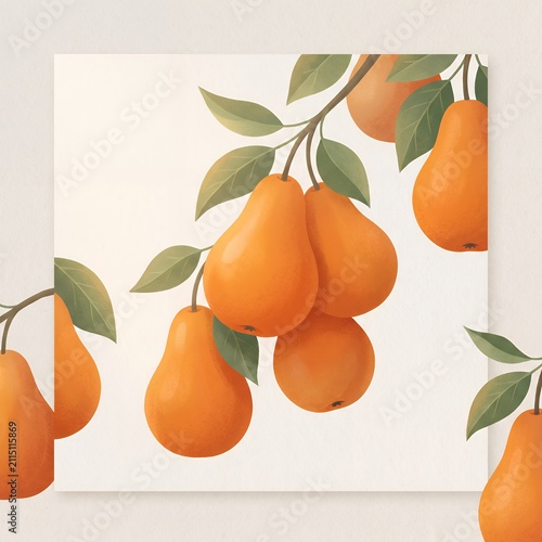 Vibrant Orange Pears: Fresh Fruit Branch Illustration Art