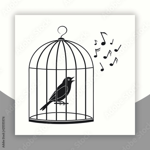 Stylized vector icon of a bird singing inside a cage, symbolizing freedom of expression, hope, and resilience through music
